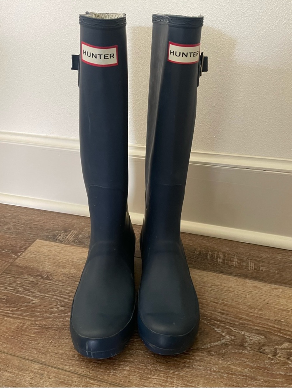 Hunter Navy Tall Gloss Rain Boots with Red-Trim Logo